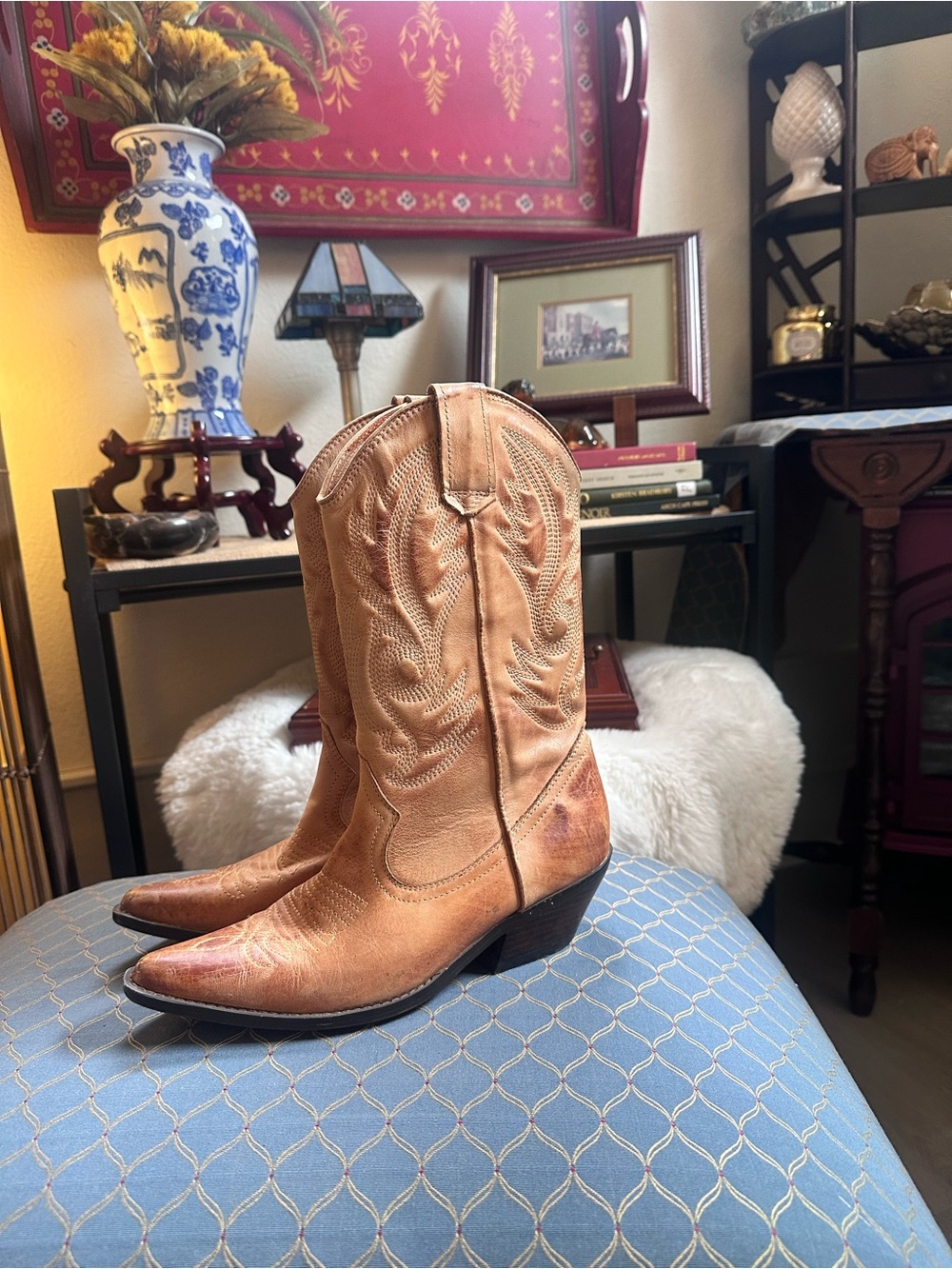 Aldo Tan Leather Embroidered Western Heeled Boots